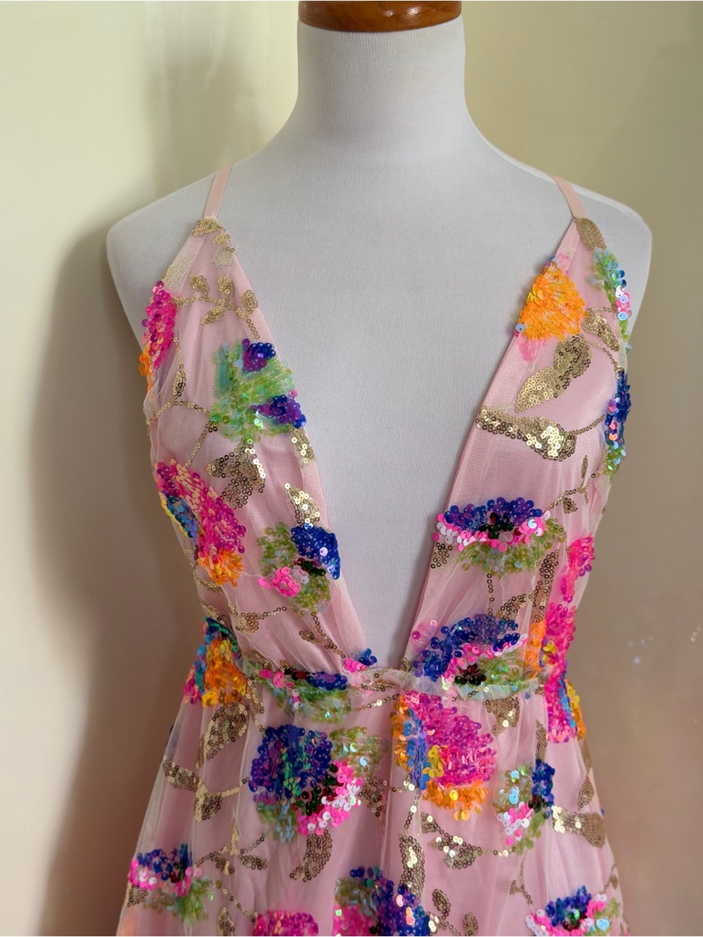 Boutique V Neck Open Back Sequined Floral Tie A Line Mini Dress sz M - Picture 5 of 12